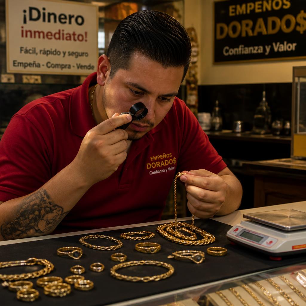 Valuador de casa de empeño examinando un lote de piezas de oro con lupa